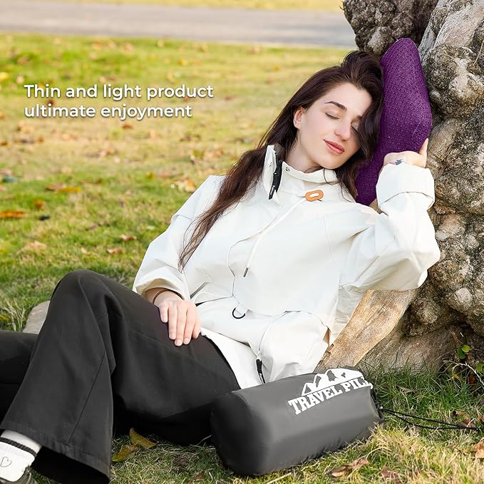 Travel Pillow Memory Foam Pillows, Camping Pillow-Compressible Medium Firm, Breathable Cover, Ideal Backpacking Hiking, Bed Pillows, Airplane and Car (Purple, L)