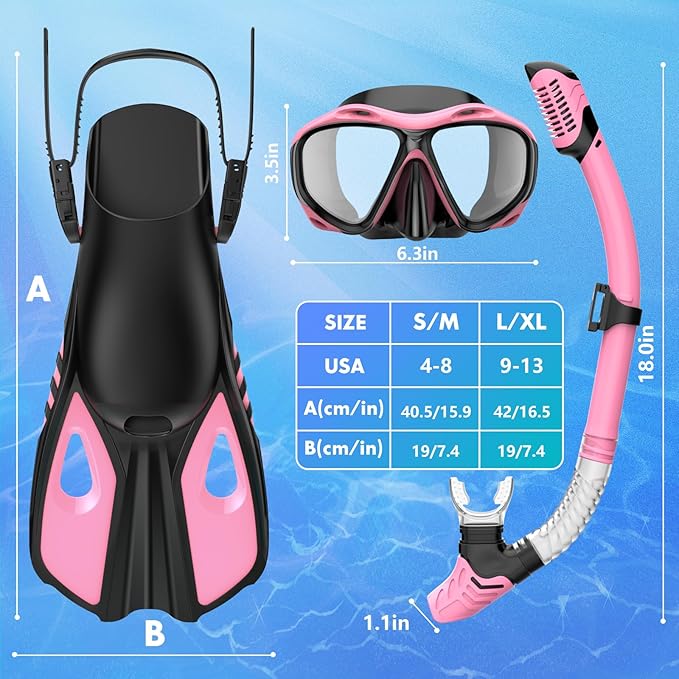 Snorkeling Gear for Adults Men Women, 3 in 1 Snorkel Set with Panoramic View Diving Mask Anti-Fog Anti-Leak, Snorkel Mask Dry Top Snorkel Fins for Swimming, Snorkeling and Travel Diving