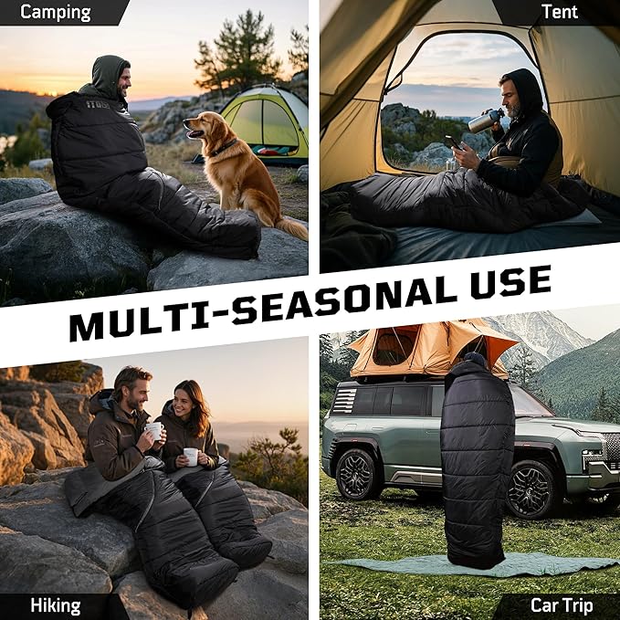 Sleeping Bag for Adults, Warm Weather Camping Mummy Sleeping Bags (25-36℉) with Adjustable Hood, Phone Pocket & Compression Sack for Hiking Travel Hunting