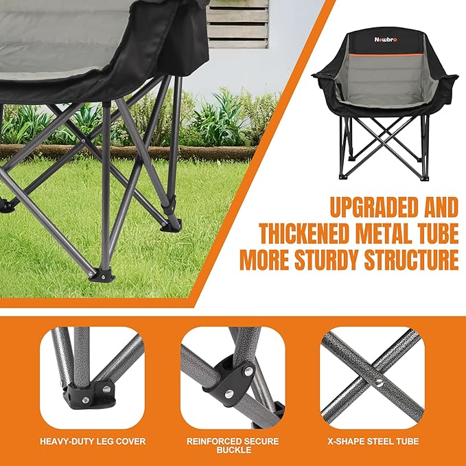2 Pack Big Heavy Duty Camping Chairs with Cooler Bags, XL Fully Padded Folding Portable Camping Chairs for Adults, Oversized Outdoor Patio Lawn Chair with Arm Cup Holder Supports 450lbs
