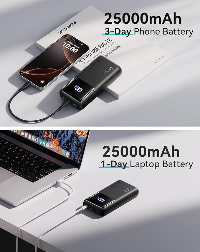 INIU Power Bank, 25000mAh 100W USB C Laptop Portable Charger, PD QC Fast Charging 3-Output Battery Pack, Travel Charger for Laptop MacBook iPad Tablet Steam Deck iPhone 17 16 15 14 Pro Samsung S25 etc