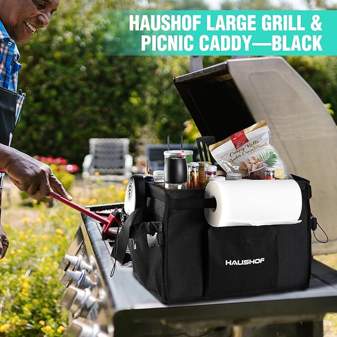HAUSHOF Large Grill and Picnic Caddy with Paper Towel Holder, Condiment Pocket, Foldable BBQ Organizer Easy Carry Griddle Caddy for Camping, RV, Outdoor Waterproof Oxford Cloth (Black)