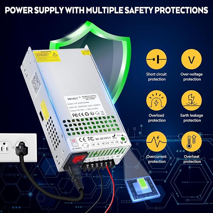 VAYALT 24V 50A 1200W DC Switching Power Supply, Universal Regulated Switching AC 110V/220V to DC 24V Transformer, 24V Power Supply for Industrial, CCTV, Computer Project, 3D Printer, LED Strip Light