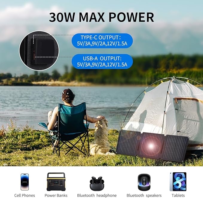 30W Portable Solar Panel,Foldable Solar Panels Charger for Camping Hiking Outdoor,IP65 ETFE Waterproof Panel Solar Kit with 3 Transfer Conectors,DC/Type-C/USB/QC3.0 Output