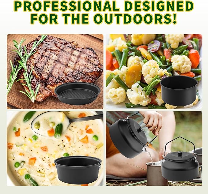 Camping Cookware Set, Non-Stick Lightweight Aluminum Camping Pot and Pan Set with Kettle for Backpacking, Hiking, Outdoor Cooking and Picnic