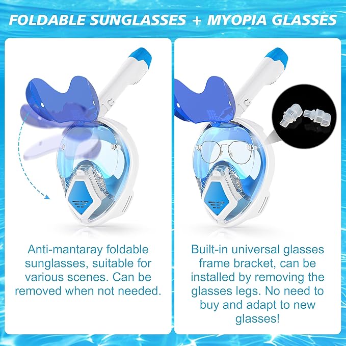 Devilfish Full Face Snorkel Mask Adults, Dry Top System Snorkeling Set with Foldable Sunglasses, 180 Degree Panoramic View Snorkel Gear, Scuba Diving Masks Anti-Leak & Anti-Fog