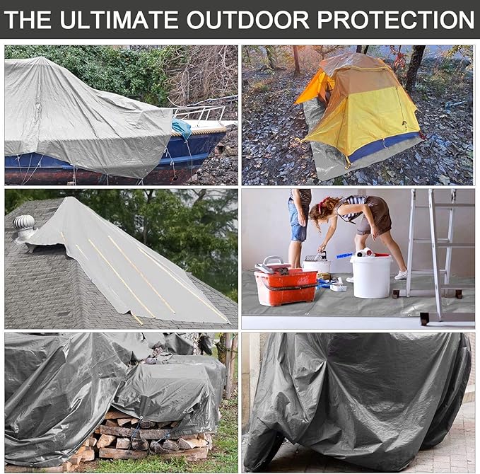 Heavy Duty 10 Mil Tarp Cover Waterproof UV Resistant Tarpaulin Used for Outdoor, Hunting, Camping, Backpacking, Canopy Tent, Ground Tarp, Cover Boat, Motorcycles, Roofs, Wood