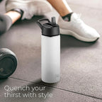 SipX™ Triple-Insulated Stainless Steel Water Bottle 18oz. With 3 Lids, BPA-Free Reusable Insulated Water Bottle Keeps Cold 24 Hours, (White)
