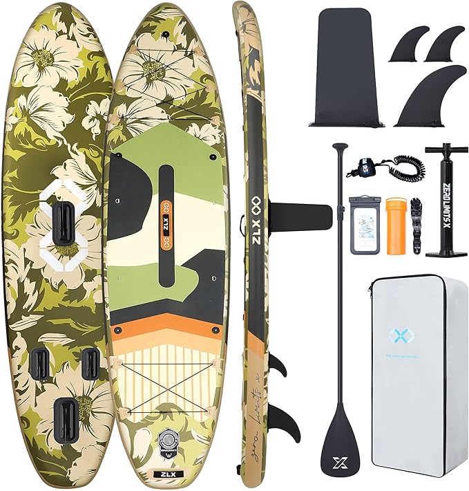 ZLX 11'6" Extra Wide Inflatable Stand Up Paddle Board SUP, Stable Non-Slip Deck Pad, Unique Fin System and Premium iSUP Accessories - Portable Backpack & Upgraded Pump for Adults, All Skill Levels