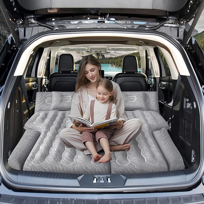 Inflatable SUV Air Mattress: Double-Sided Flocking Car Mattresses for Back SUV, Travel Camping Sleeping Bed with Air Pump 2 Pillows