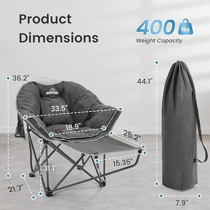 OUTDOOR LIVING SUNTIME Oversized Padded Comfy Camping Chair with Removable Footrest， Weight Capacity 400 LBS, Heavy Duty Moon Round Leisure Folding Chair for Camping, Hiking, Carry Bag, Gray