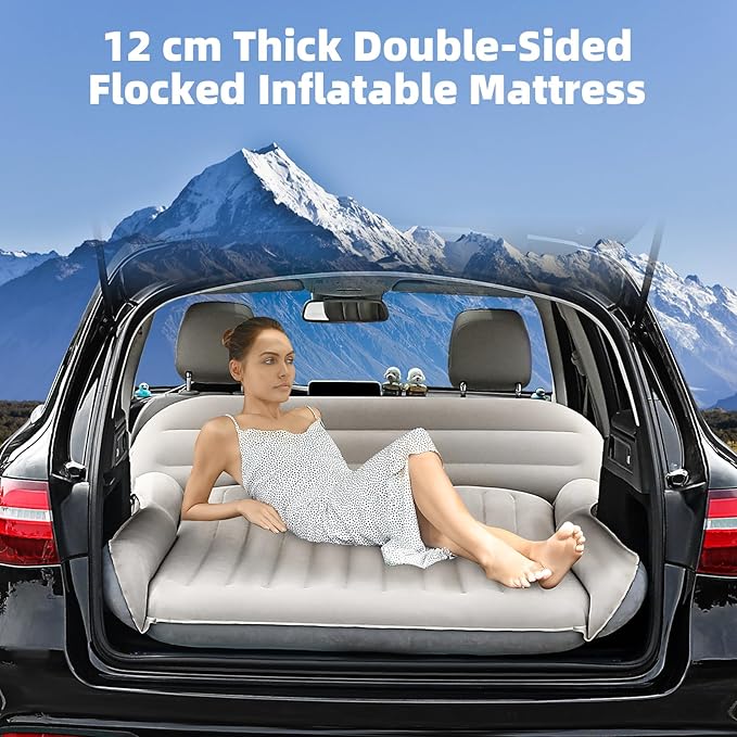 KMZ SUV Air Mattress Thickened Double Flocking Camping Mattress Upgraded Portable Sleeping Car pad Comfortable Inflatable Travel Bed with External Pump and 2 Pillows（Off-White and Light Gray）
