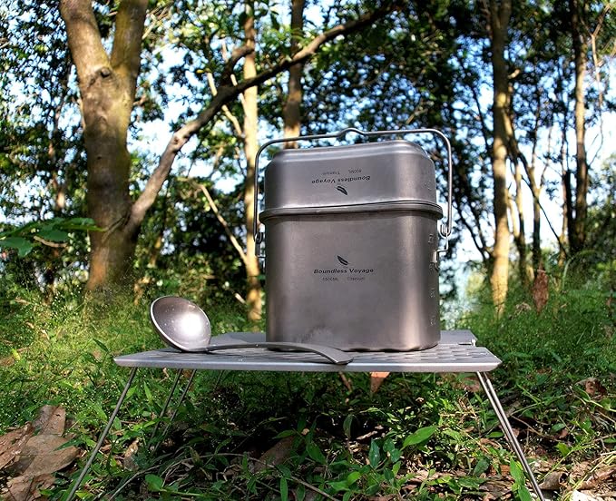 Boundless Voyage Titanium Mess Kit Hanging Pot Cup with Lid Folding Handles Outdoor Camping Cooking Set Ultralight Portable Tableware Cookware