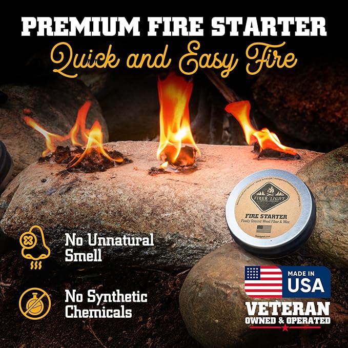Fire Starter Natural Wood Fiber Tinder, Water Resistant, Survival Kit Camping Kit in Waterproof Tin