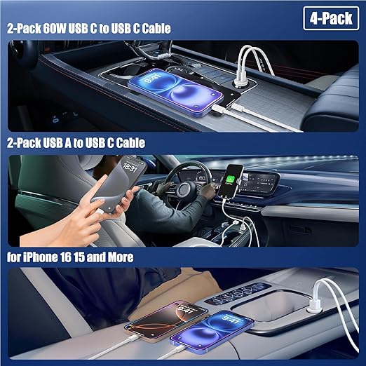 Car Carplay Cable for iPhone 17 16 15, 2-Pack [6FT+10FT] 60W USB C to USB C Cable And 2-Pack [6FT+10FT] USB A to USB C Cable for iPhone 17 16 15，for Galaxy S25 S24, for iPad, for MacBook and More