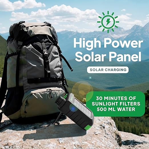 Greeshow Electric Portable Water Filter Camping - Solar Powered, Hand Crank, USB Charging, Water Purifier Survival with Emergency Light for Hiking Backpacking Travel Outdoor, Phone Charger, GS-2811