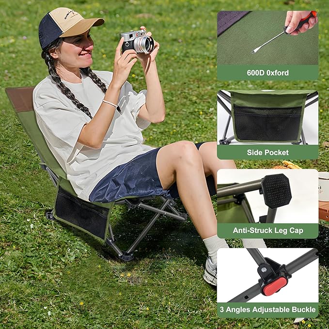 Compact Backpack Beach Chairs 2 Pack with Adjustable Backrest & Side Pocket, Low Folding Camping Chairs for Adults, Portable Reclining Chairs for Beach, Lawn, Travel