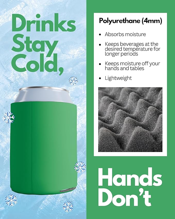 PartyPrints 100 Pack Kelly Green Blank Can Cooler Sleeves, Customizable Bulk Insulated Foam for Beer, Collapsible Plain Drink Holder, Cold Soda Insulator, 12oz Regular, 16oz Tall Cans