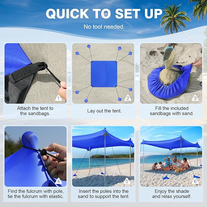Rhino Valley Beach Tent Shade Canopy UPF50+ Protection, 8 Sandbags, 4 Stability Poles, Outdoor Sun Shelter Umbrella for Sand, Camping, Fishing Essentials
