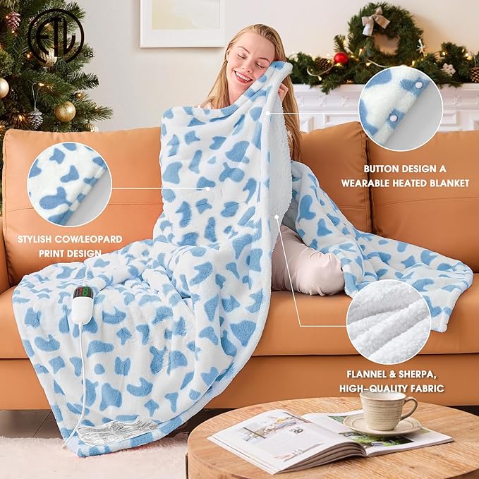 Cow Print Heated Electric Blanket Throw,50X60 Blue Heating Blanket with 10 Heats Levels & 8 Hours Auto Off,Cute Cow Decor Stuff Soft Fleece Sherpa Blankets Warmer Gifts for Women Washable,ETL