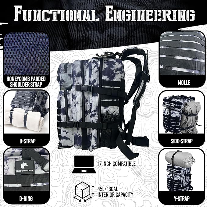 AMERICANPHOENIX 45L Elite Tactical Backpack | 3X Stronger Work & Military Backpack | Water Resistant and Heavy Duty | 3 Day MOLLE Bug Out Bag (Black Ice)