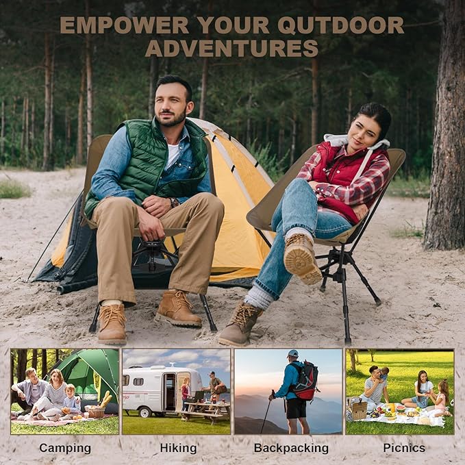 Lightweight Folding Camping Chair: Portable Ultralight Height Adjustable Folding Camping Chair 330 lbs Capacity with Side Pockets Ideal Backpacking Chair for Short hikes and Cycling Trips (Khaki)