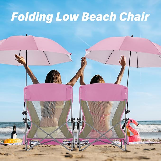 Homcosan Portable Low Folding Beach Chairs Set of 2 with Detachable Umbrellas - Lightweight Camping Chairs for Adults with Cup Holder & Storage Pockets, Carry Bag Included (Pink & Yellow)