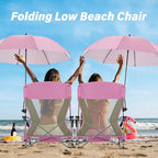 Homcosan Portable Low Folding Beach Chairs Set of 2 with Detachable Umbrellas - Lightweight Camping Chairs for Adults with Cup Holder & Storage Pockets, Carry Bag Included (Pink & Yellow)