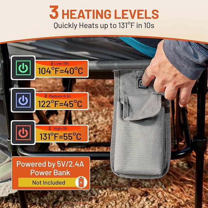 TIMBER RIDGE Heavy Duty Aluminium Heated Camping Chair with Compact Size, Portable Directors Chair Supports 400lbs with Side Table and Pocket for Camping, Lawn, Sports 2 Set(Power Bank not Included)