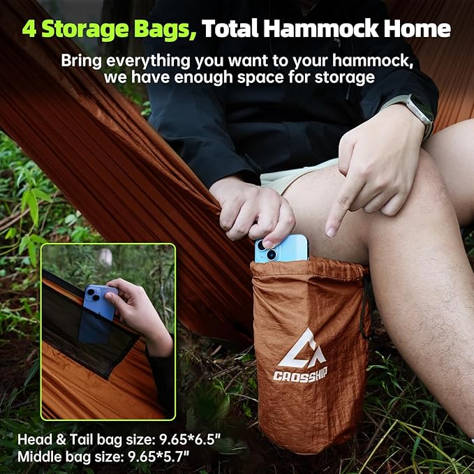 Camping Hammock with Mosquito Net, 2 Person Hammock Bug Net, Portable, Parachute Nylon for Outdoor, Camping, Hiking, Backpacking, Backyard, Beach, Travel (Hold Up to 500lbs) (Orange)