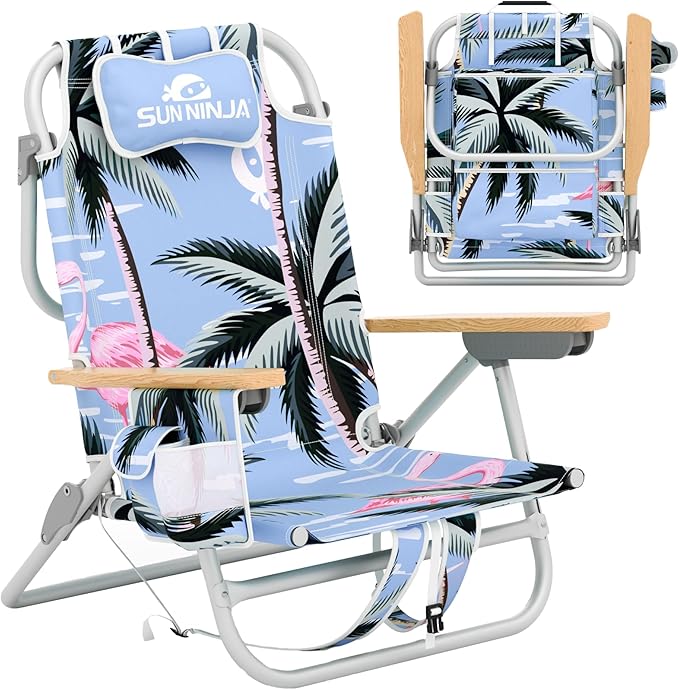 SUN NINJA Folding Beach Chair with Headrest Pillow, Low Profile Lightweight Easy Carry Beach Chair for Adults, Comfortable Wooden Armrests, Stylish Fabric Seat Patterns - Flamingo 1pc