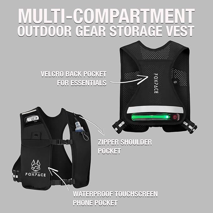 Running Vest for Women Men - Hydration Vest Water Bottle - Breathable Adjustable Backpack for Hiking Marathon - Waterproof Phone Pocket - Reflective Lights Up Rechargable Vest for Night Running