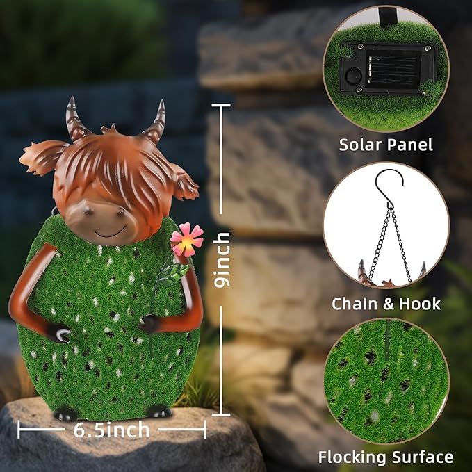 Solar Garden Decor with LED Lights and Hook for Outside Hanging Rural Highland Cattle Solar Lanterns Outdoor Waterproof Hanging