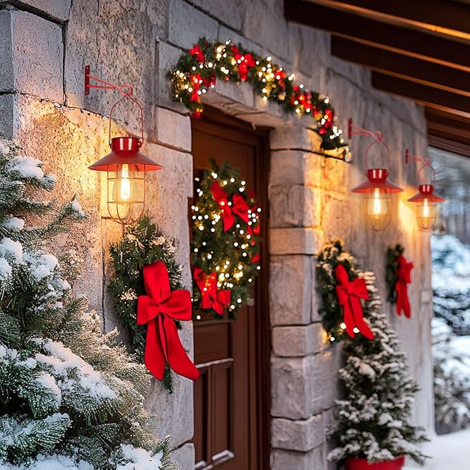 Solar Lanterns Outdoor Christmas Metal Solar Powered Hanging Lights Waterproof for Wall Barn Yard Garden Patio Garage Balcony Porch Fence Decor, Warm White Edison Bulb (Red-2pack)