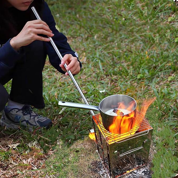 Portable Wood Burning Camp Stove with Grill - Folding, Backpacking, Box Stove with Fire Blowing Stick and Carrying Bag
