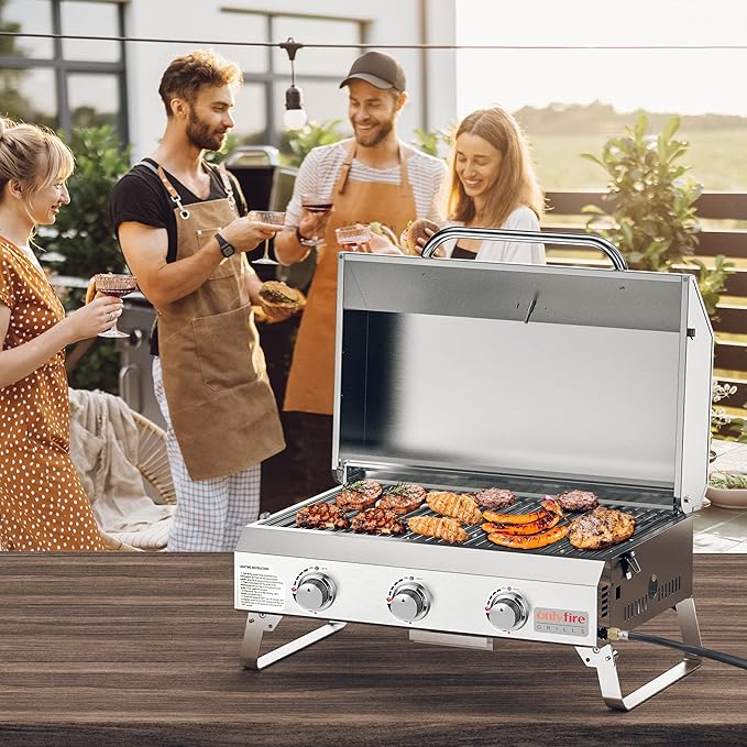 Tabletop Gas Grill 3 Burners, Portable Propane BBQ Grill with Foldable Legs for Outdoor Barbecue Patio Backyard Camping, Tailgating, RV Trip, Heavy Duty & 24000BTU, GS307