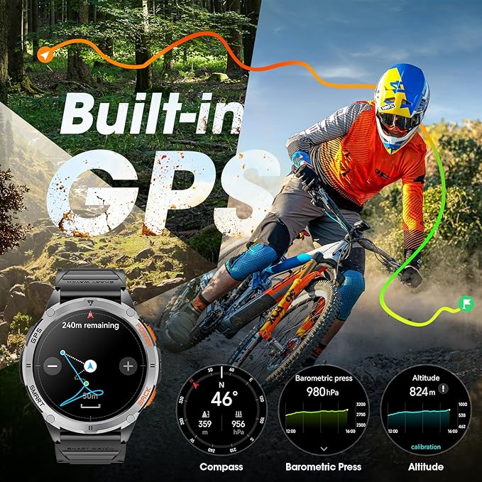 Military Smart Watch for Men with GPS, 1.43" AMOLED Bluetooth Call Smartwatch with LED Flashlight, Rugged Smart Watches for Android iOS, IP68 Waterproof Fitness Tracker with Heart Rate (Black)