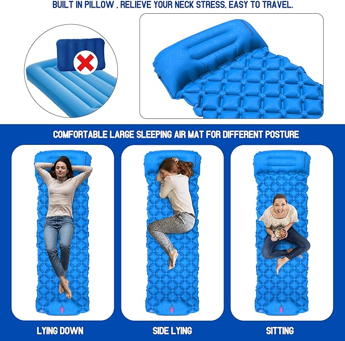 Camping Sleeping Pad, Ultralight Inflatable Mattress with Pillow Built-in Foot Pump for Outdoor Hiking Travel Tent Backpacking Trip Car, Compact Lightweight Camping Mat, Blue