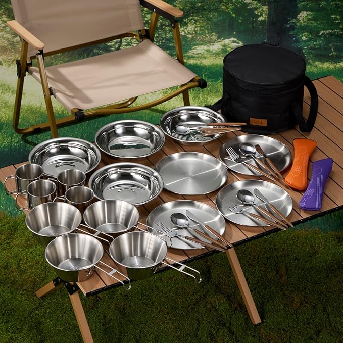 Camping Kitchen Tableware Mess Kit, Bowls&Dishes Set for 4 Person- 31pcs Utensils Set with Plate Spoon Fork Serrated Knife,304 Stainless Steel Bowl&Cup&Dish,Storage Bag,Backpacking, Hiking Picnic