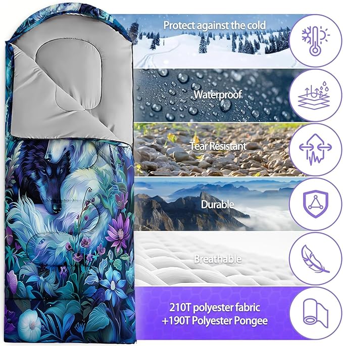Sleeping Bags for Adults and Kids，3D Printing Camping Sleeping Bag for Girls Boys Lightweight Waterproof Cold/Warm 3-Season，Outdoor Travel with Compression Bags