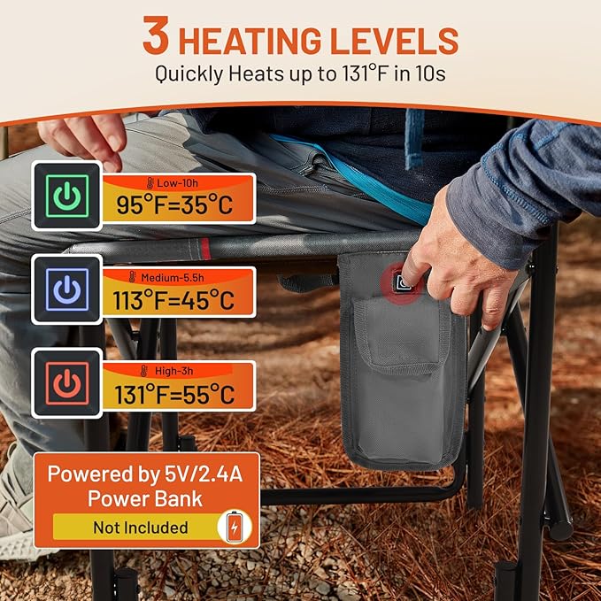 TIMBER RIDGE Heated Aluminum Oversized Camping Chair, Lightweight Portable Directors Chair with Side Table Detachable Side Pocket for Outdoor Camping, Lawn, Picnic, Support 400lbs Gray, 2 Pack