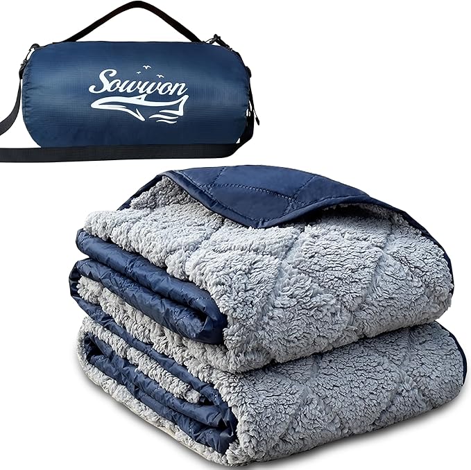 Waterproof Outdoor Blanket 82”X 55” Packable, Stadium Blankets for Camping with Sherpa Fleece Lining, Large Windproof Emergency Throw Mat for Garss Picnic Hiking Road Trip, Machine Washable, Navy
