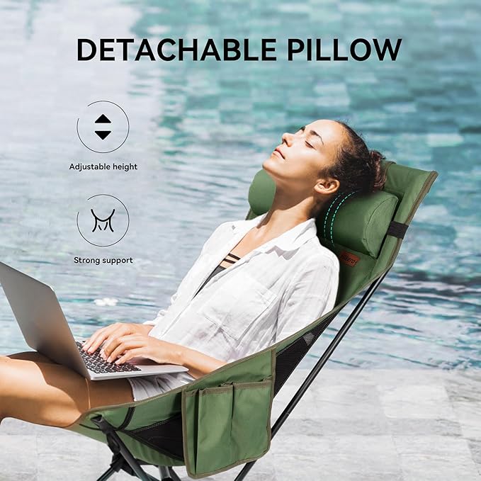 Portable High Back Camping Chair, Support Heavy Duty 440 lbs, Lightweight Folding Chair with Adjustable Pillow for Hiking, Beach, Backpacking