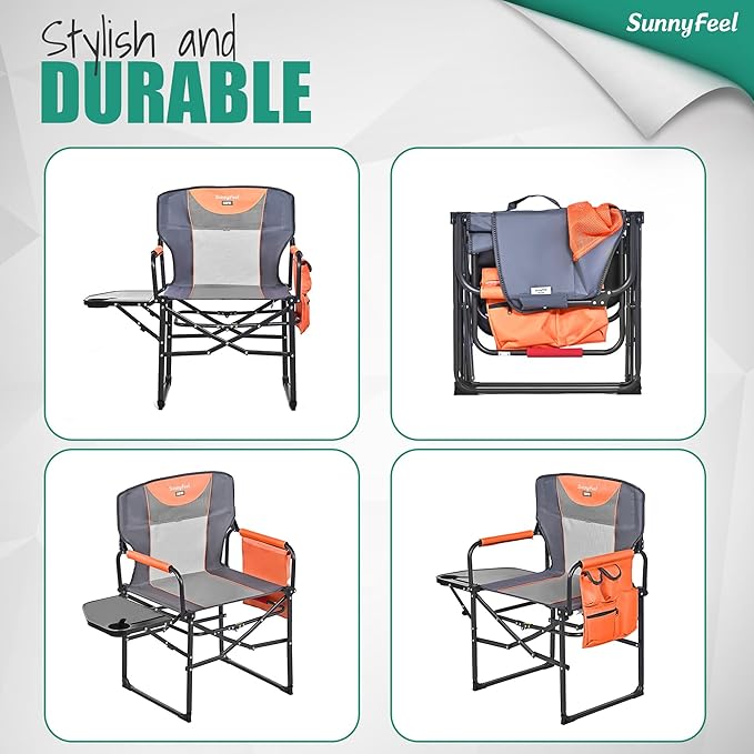 SUNNYFEEL Oversized Camping Directors Chair 2 Pack, Portable Folding Lawn Chairs for Adults Heavy Duty with Side Table,Pocket for Beach, Fishing,Picnic,Concert Outdoor, Foldable Camp Chairs