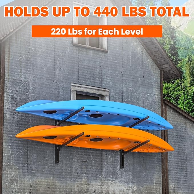 Ultrawall Kayak Storage Rack for 2 Kayaks, Adjustable Wall Mounted Kayak Holder for Garage, Heavy Duty Kayak Hanger for Canoe, Paddleboard, Indoor & Outdoor Use