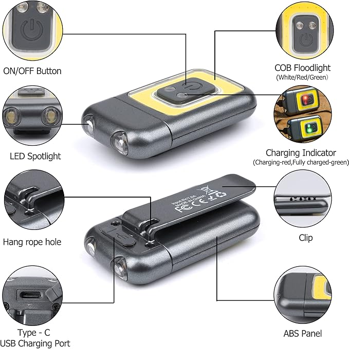 800Lumens 2Pack Running Light, Rechargeable Headlamp Clip on Lights with Red/Green Lighting Night Vision, 5 Modes Lightweight LED Safety Light for Working Camping Hiking and Reading(2, Grey)