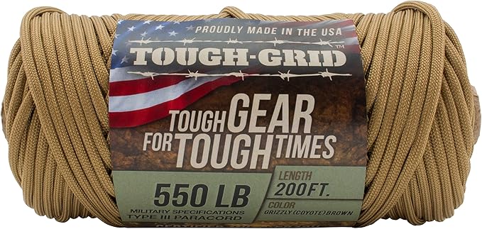 TOUGH-GRID 550 Paracord Rope Nylon Parachute Cord, Made in USA Survival Kit, Outdoor Adventures, Camping, Tactical Gear & Emergency Supplies, Military Type III Mil-Spec