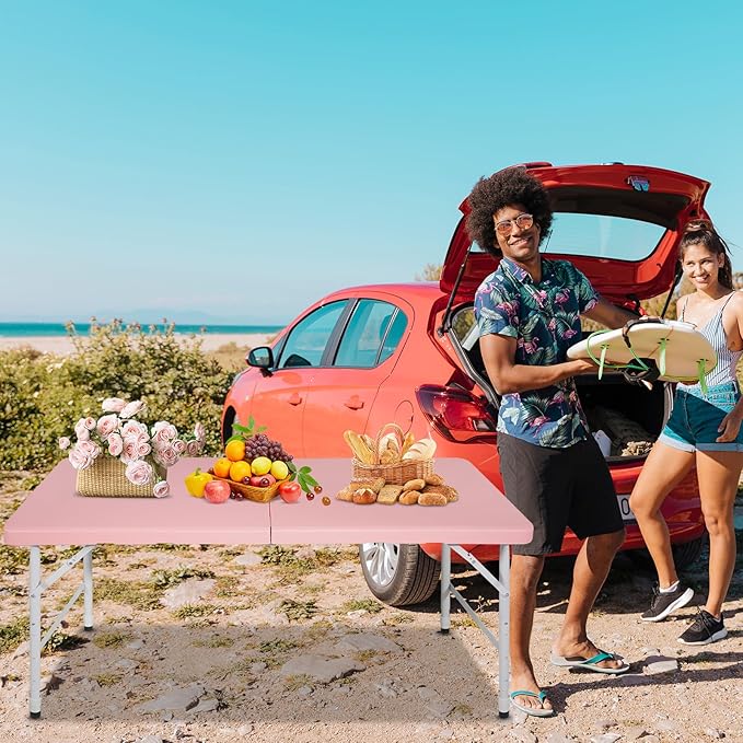 4 FT Folding Table with Carry Handle, Portable Fold-in-Half Plastic Table, Rectangle Foldable Table for Indoor/Outdoor Pink