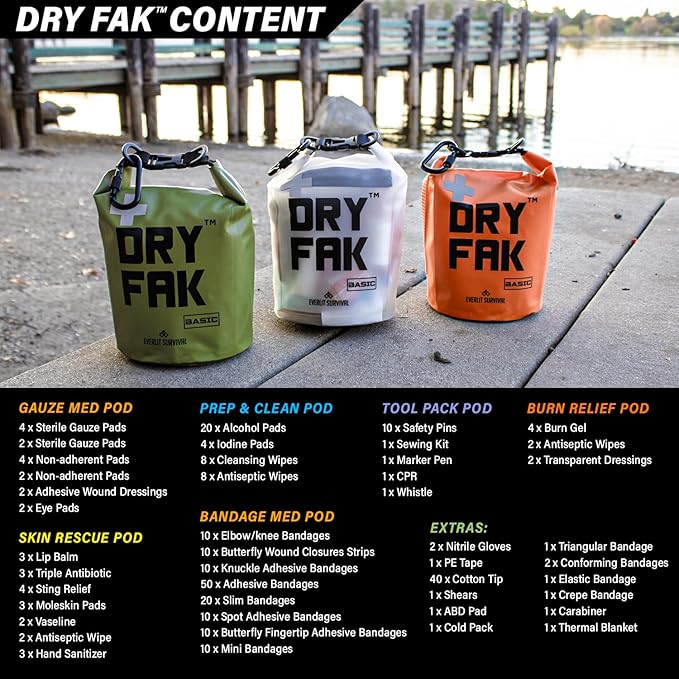 EVERLIT 290 Pc Waterproof First Aid Kit Dry FAK Medical Kit Emergency Survival Kit for Boat, Backpacking, Hiking, Fishing, Travel, Kayaking (Orange) (Clear)