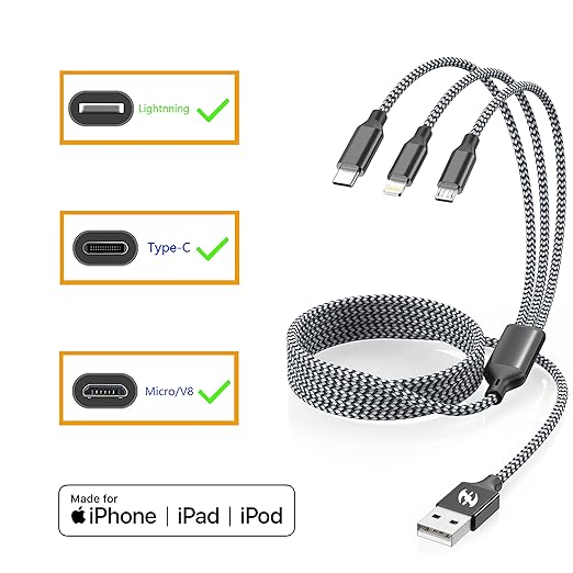Multi Charging Cable 10ft 2Pack 3 in 1 Charger Cord, Long Multiple Rapid Nylon Braided Cable USB Charging Cable Multi Phone Charger Cord with Type C Micro Lightning USB Connectors for Cell Phones